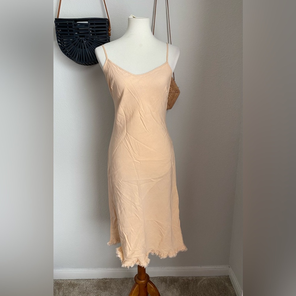 NAFNAF Faded Peach Linen Spaghetti Strap Fringe Dress, Size 40